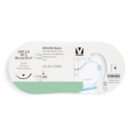 KRUUSE Nylon Sutur, USP 2-0/EP 3, 90 cm/35.4", bl�, 12 stk
