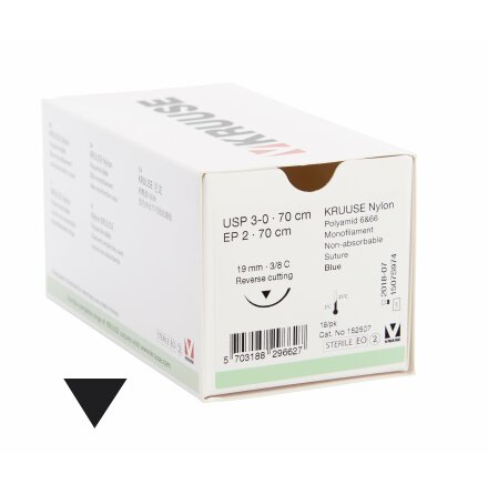 KRUUSE Nylon sutur, USP 3-0, 70 cm, 19 mm nl, 3/8 C, RC, 18
